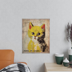 Vintage CAT Meow or Never Wall Art, Retro Kitten Cute Animal Decor, Yellow Cat