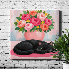Pink Vase Bouquet Black Cat Still Life Framed Canvas Print 16x16inch