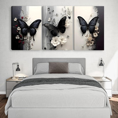 3 Pcs Black Butterfly Canvas Wall Art, White Flower Wall Decor