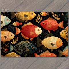 Art Print Colorful Fish Pattern Gold Teal Black Ocean Wildlife Tropical Marine