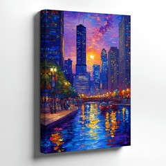 Wall Art Sunset City Skyline River Painting Colorful Urban Landscape Home Decor