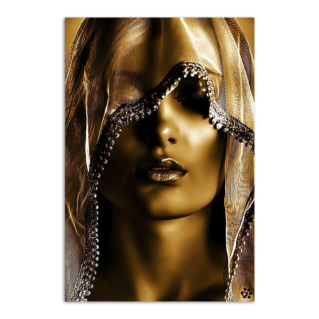 Modern Woman Under Headscarf Canvas Painting Gold Wall Art Posters and Prints