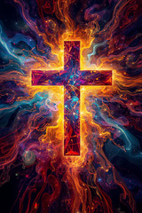 Christian Cross Cosmic Neon Abstract 4×6 Photo Print Religious Wall Art Decor