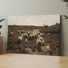 A Shepherd and his Flock Sheep Lamb Landscape Painting Canvas Print Wall Art