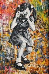 Street Art Girl with Camera Graffiti Canvas –Childhood Urban Pop Art, 24 x 36 in