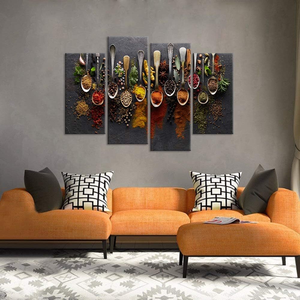 Colorful Spices & Herbs In Spoons Kitchen Cooking 4 Piece Panel Canvas Wall Art