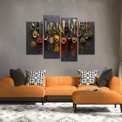 Colorful Spices & Herbs In Spoons Kitchen Cooking 4 Piece Panel Canvas Wall Art