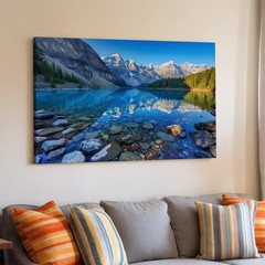 Mountain Lake Landscape Canvas Wall Art with Clear Water Reflection Nature Print