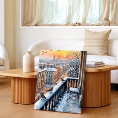 Wall Art Winter City Street Oil Painting Snowy Town Reflection Landscape Decor