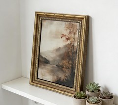 Gold Framed Vintage Fall Landscape Canvas Wall Art, Rustic Moody Lakeside Pai…