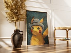 Pikachu Grey Felt Hat Van Gogh Style Pokemon Poster Wall Art Print Impressionist