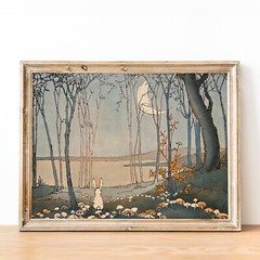 Mushrooms in the Moonlight The New Moon Rabbit Bunny Wall Art Poster Print