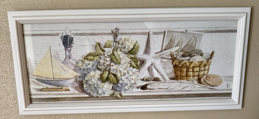 White Framed Coastal Print Size 19.5”x8.5” Boat-Starfish-Hydrangeas MSRP $39.99