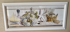 White Framed Coastal Print Size 19.5”x8.5” Boat-Starfish-Hydrangeas MSRP $39.99
