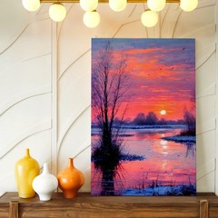 Botanical Canvas Winter Sunset Landscape Pink Sky River Minimalist Office Decor