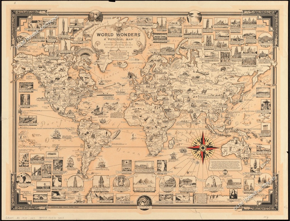 World Wonders Map 1939 Vintage Art & Education 30×22 (76cm x 56cm)