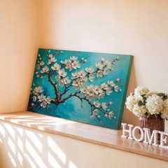 White Magnolia Blossoms Tree Canvas Wall Art Floral Painting Blue Background