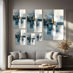 Abstract Blue Grey Gold Oil Painting Print, Framed Canvas Wall Art, Modern Decor
