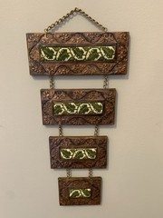 Mid-Century Modern Tiered Hammered Copper Foil And Needlepoint Hanging Wall Art
