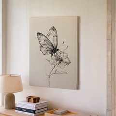 Canvas Wall Art a Delicate Black Ink Sketch of a Butterfly Perched on a Flower