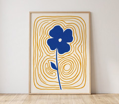 Minimalist Blue Flower Linocut Wall Art Mustard Yellow Retro Poster