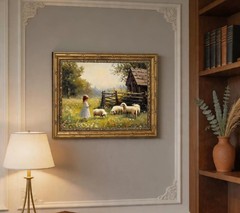Gold Framed Vintage Countryside Canvas Wall Art, Rustic Girl with Sheep Paint…