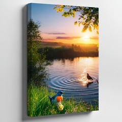 Wall Art Serene Scene At Sunset, Featuring Two Colorful Birds Perched Near A