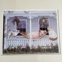 Vintage Framed Pig In Hammock With Cats Art Print Farmhouse Cottage Decor 11.5×9
