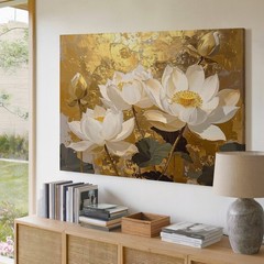 White Flowers Serene Golden Canvas Lotus Elegance Refined Sacred Calm Wall Art