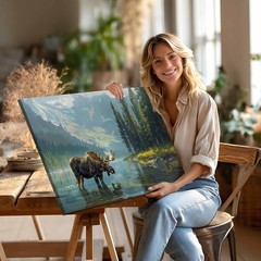 Spring Moose Lake Oil Painting Giclee Canvas Print,Rustic Cabin Wall Art Decor