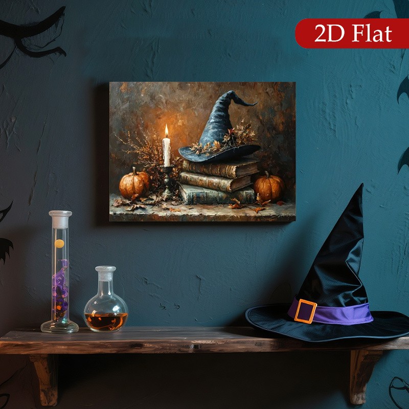 Framed Canvas Vintage Witch Hat Pumpkin Old Book Candle Fall Dark Academia Art