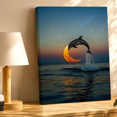Wall Art Dolphin Jumping Over Crescent Moon Ocean Sunset Surreal Poster Print